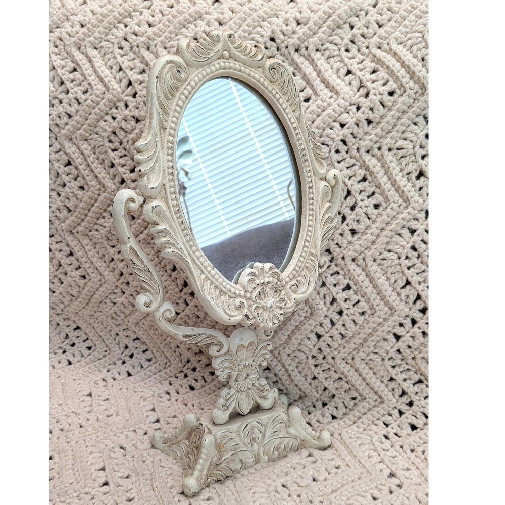 Vintage Ornate Cast Metal Swivel Vanity Mirror Distressed Cream Shabby Chic 13in